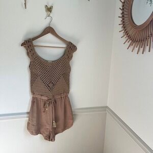 Vintage Y2K Tan Crochet Knit Romper